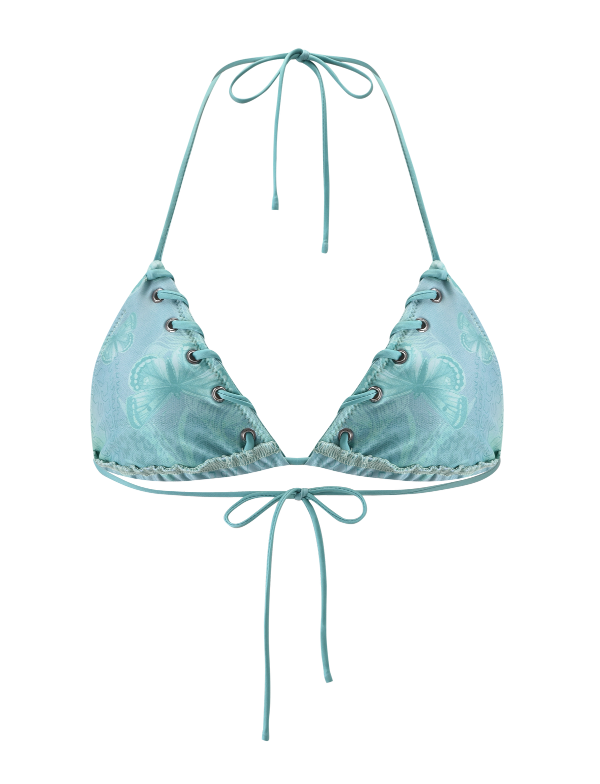The TIGERMIST ROBYN BIKINI TOP in blue features a butterfly paisley print, thin halter neck and back tie straps, and whipstitch detailing along the edges.