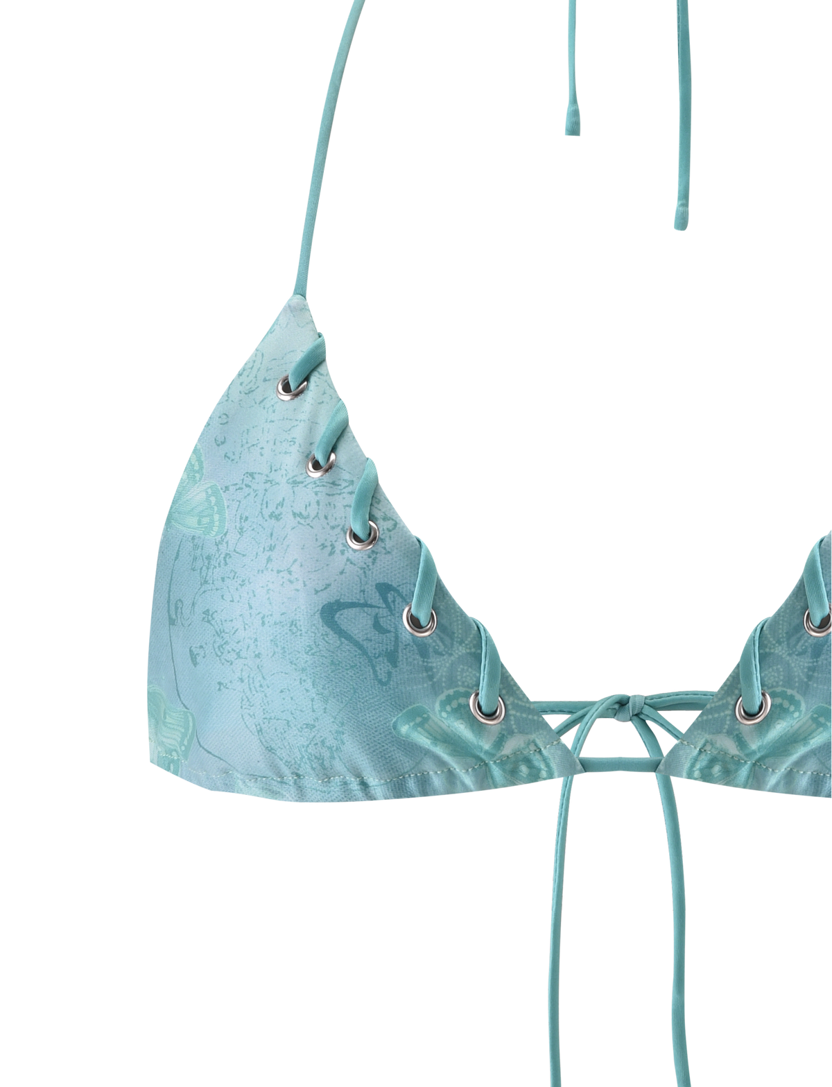 Close-up of the TIGERMIST ROBYN BIKINI TOP in Blue Butterfly Paisley, featuring a subtle pattern, silver grommets, thin adjustable strings, and delicate whipstitch detail for added style.