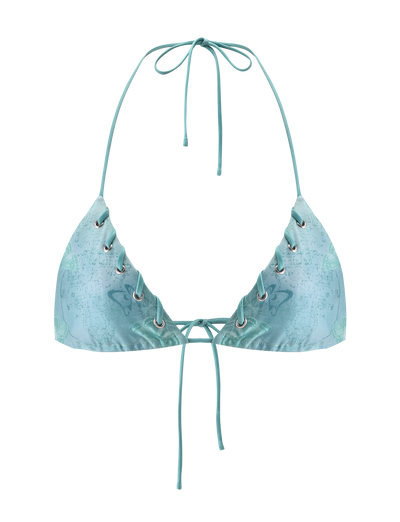 The TIGERMIST ROBYN BIKINI TOP - BLUE BUTTERFLY PAISLEY features a triangle design with lace-up cups, silver grommets, thin adjustable halter and front ties with whipstitch detail, shown on a plain white background.