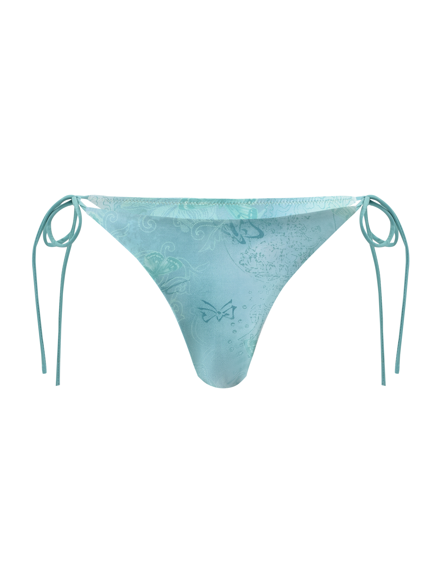 The TIGERMIST ROBYN BIKINI BOTTOM - BLUE BUTTERFLY PAISLEY features light blue side tie strings and a subtle butterfly paisley print on the front, shown against a plain white background.