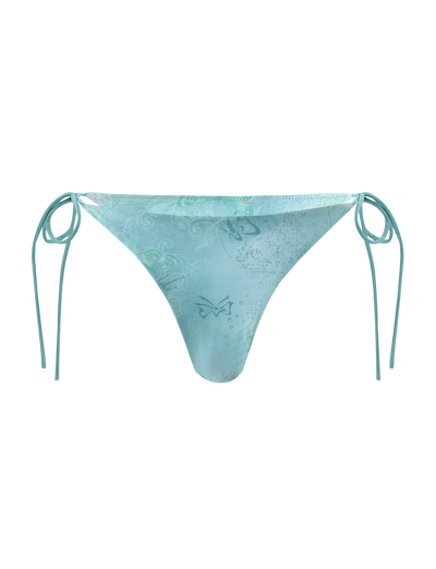 The TIGERMIST ROBYN BIKINI BOTTOM - BLUE BUTTERFLY PAISLEY features light blue side tie strings and a subtle butterfly paisley print on the front, shown against a plain white background.