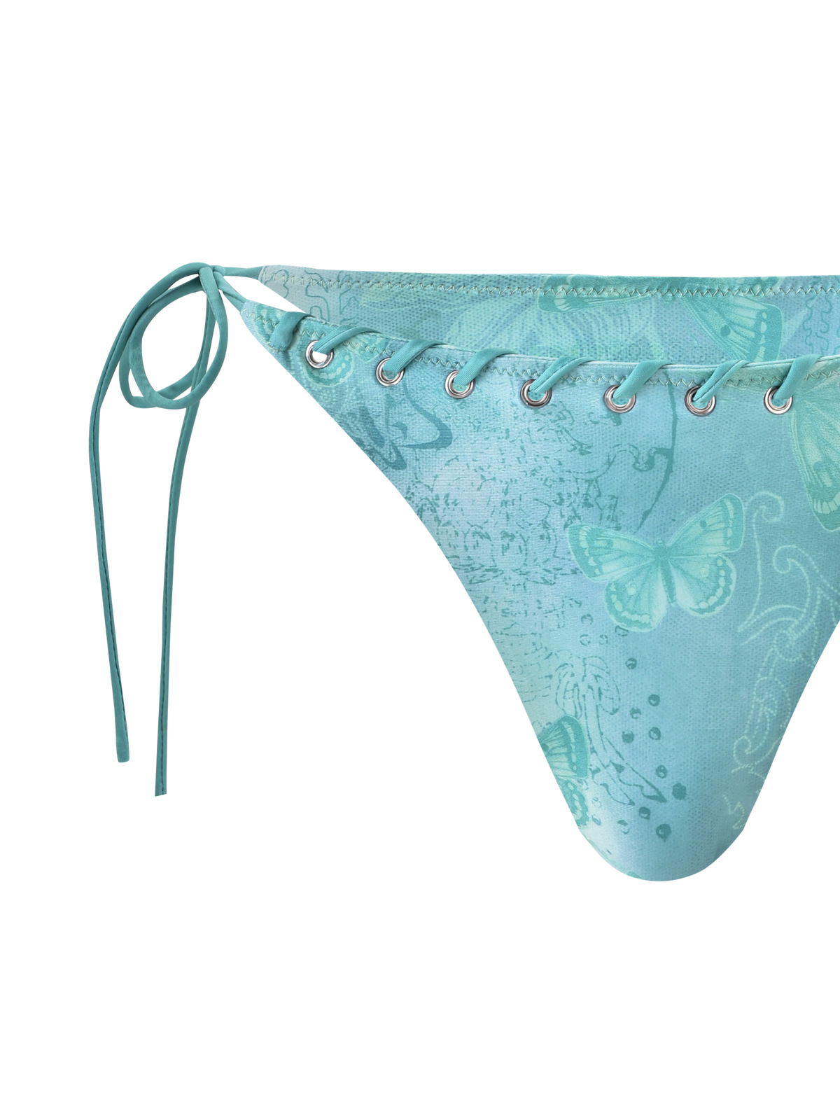 Close-up of the TIGERMIST ROBYN BIKINI BOTTOM - BLUE BUTTERFLY PAISLEY, featuring silver grommets, lace-up side, turquoise string ties, and a delicate butterfly paisley print on a white background.