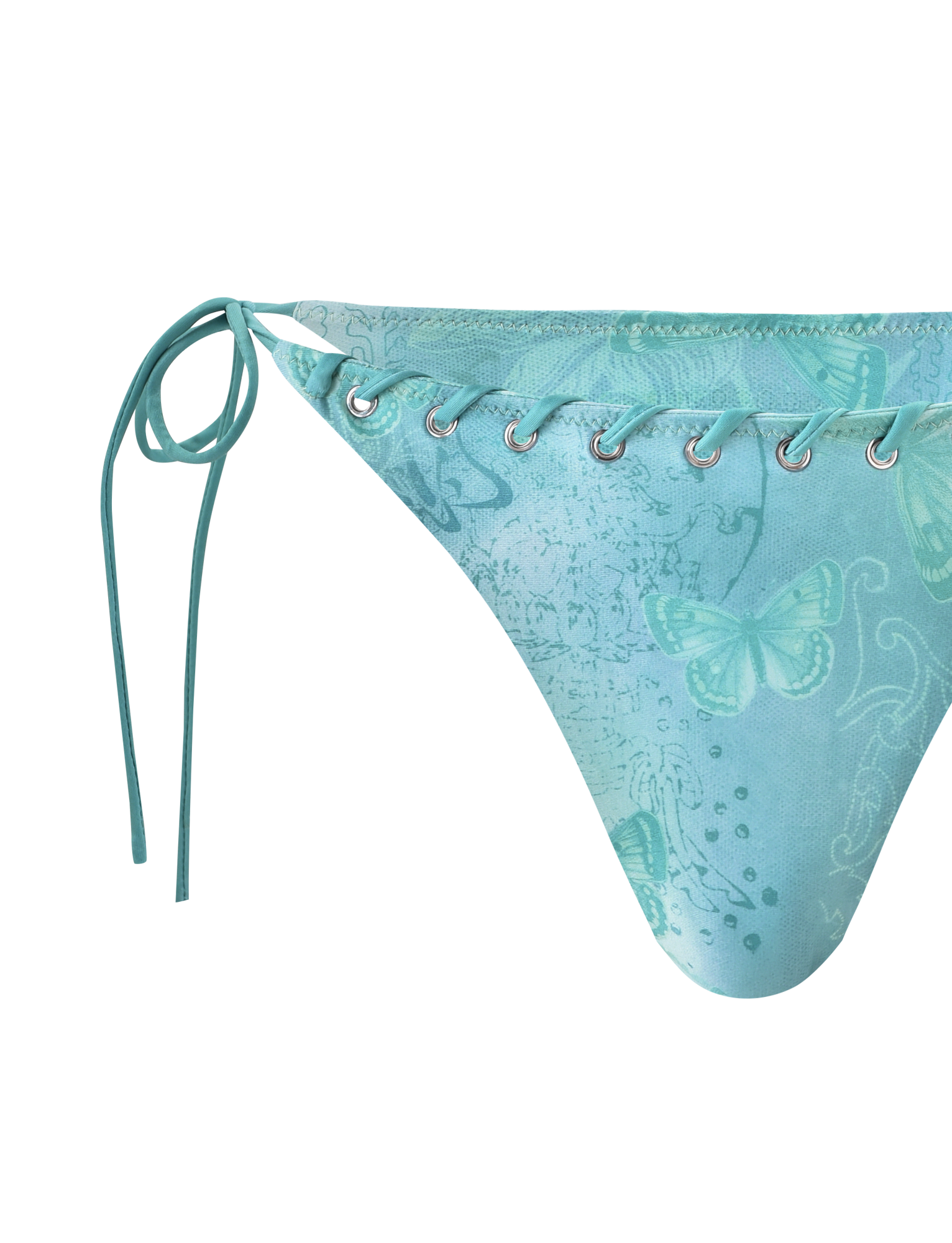 Close-up of the TIGERMIST ROBYN BIKINI BOTTOM - BLUE BUTTERFLY PAISLEY, featuring silver grommets, lace-up side, turquoise string ties, and a delicate butterfly paisley print on a white background.