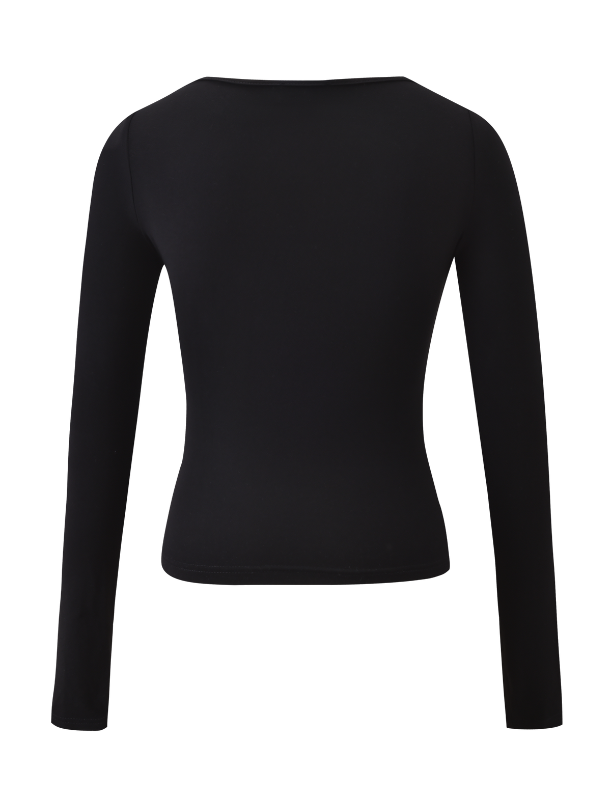The DAMELA LONG SLEEVE TOP by TIGERMIST is a plain black fitted top with an adjustable neckline for versatile styling, shown from the back with no visible patterns or embellishments.