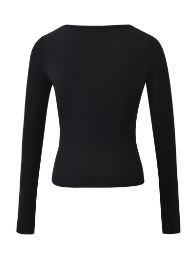 The DAMELA LONG SLEEVE TOP by TIGERMIST is a plain black fitted top with an adjustable neckline for versatile styling, shown from the back with no visible patterns or embellishments.