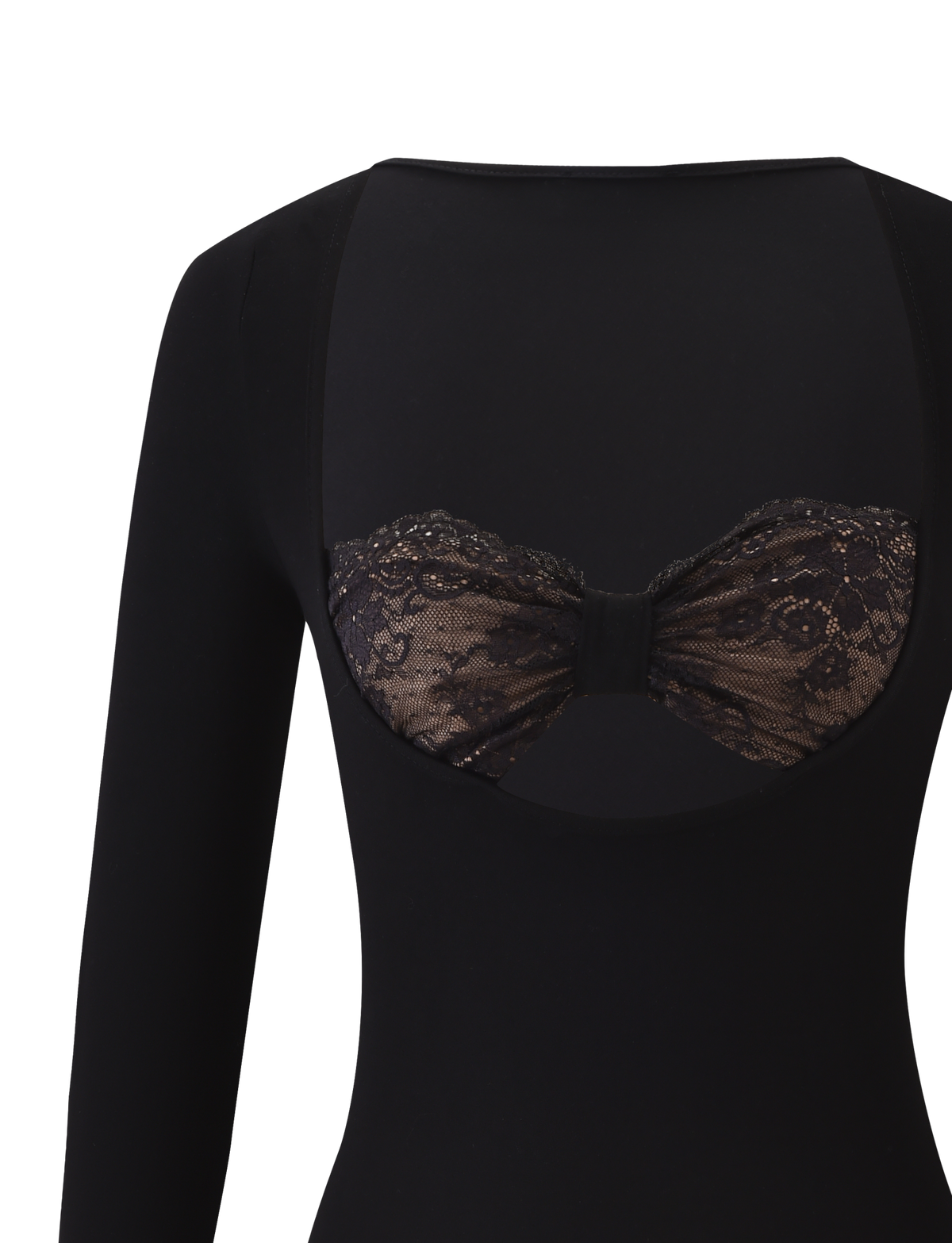 The TIGERMIST DAMELA LONG SLEEVE TOP in black features a low-cut back with a floral lace bandeau detail, creating a striking contrast against the solid fabric for a subtly alluring and versatile look.