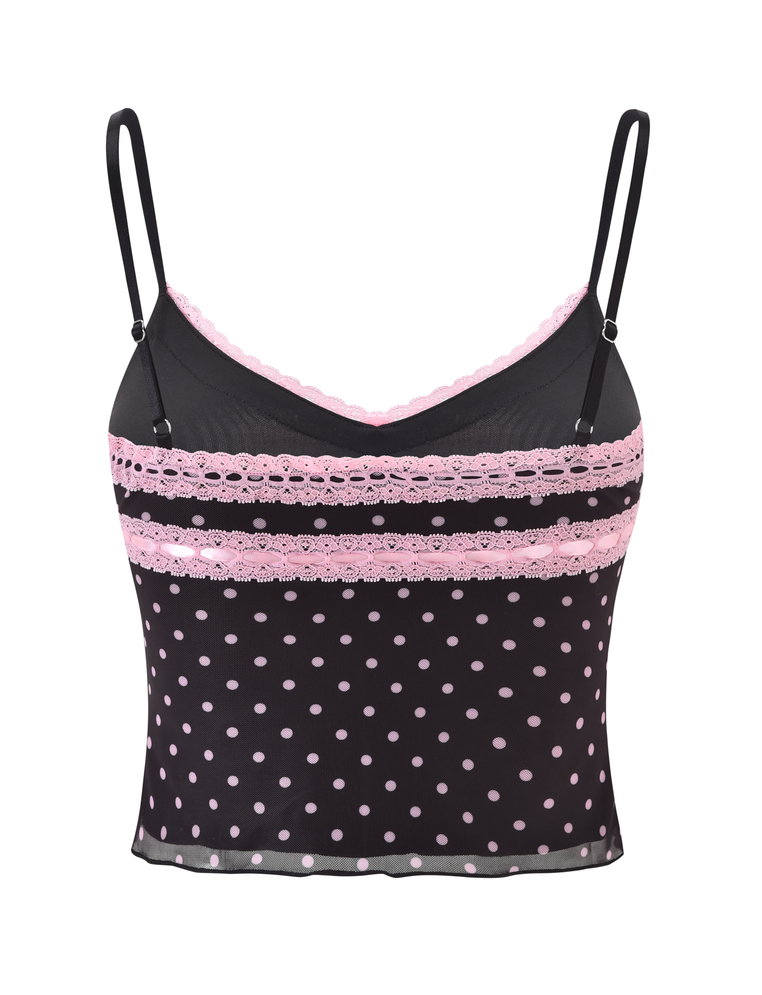 The AMARA TOP - BLACK by TIGERMIST features sheer black printed mesh, thin straps, light pink polka dots, and detailed pink lace trim for a fitted, chic look.