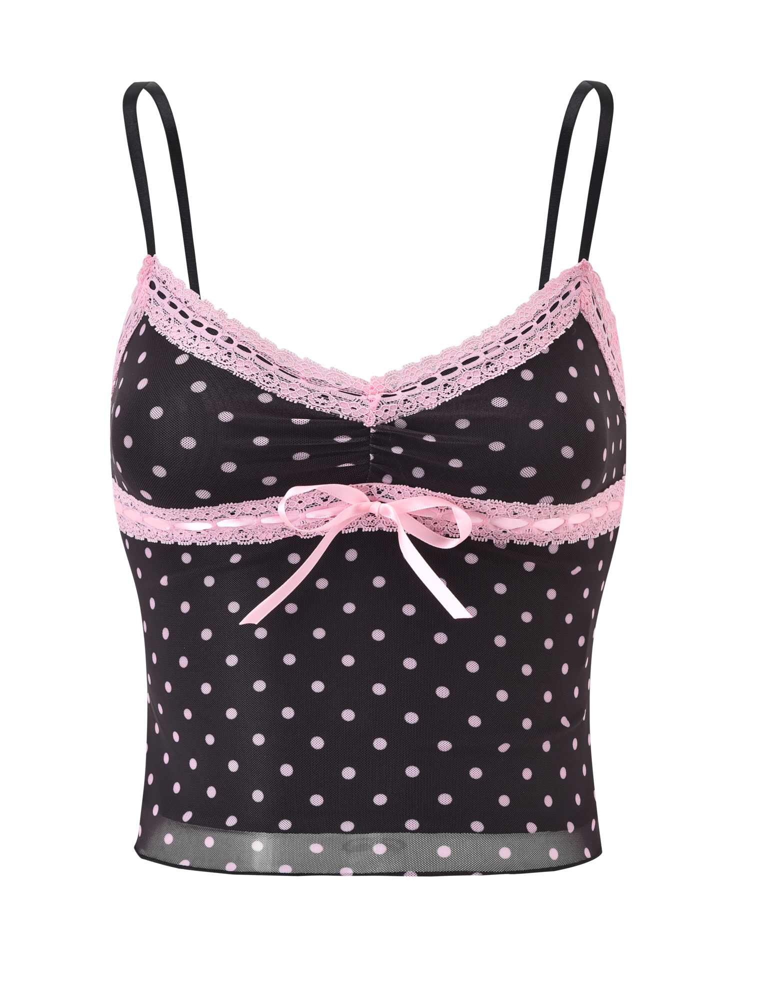 The AMARA TOP - BLACK by TIGERMIST is a sleeveless cami with light pink polka dots, lace trim on the neckline and straps, and a pink bow at the center front.