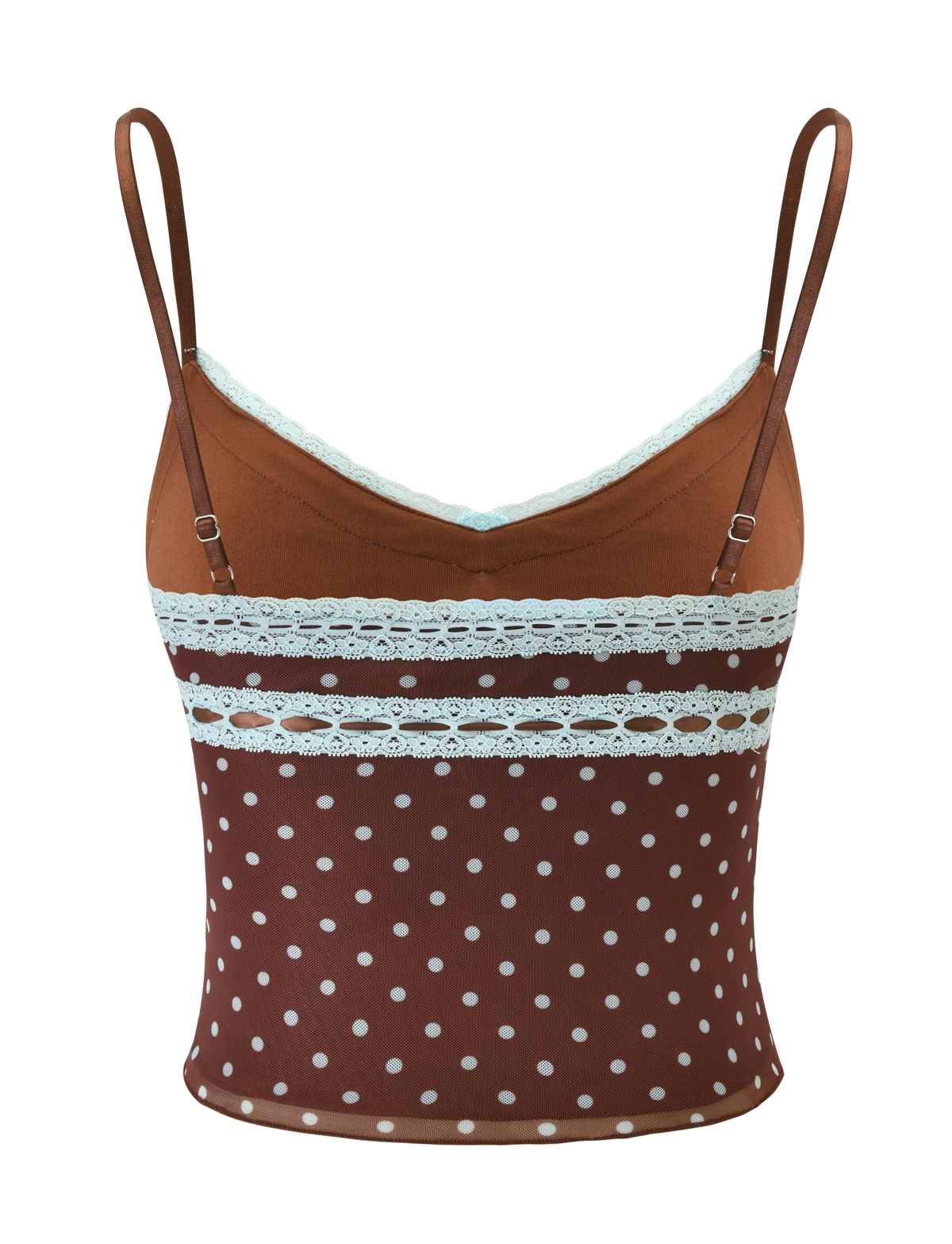 The AMARA TOP - POLKA DOT by TIGERMIST is a brown spaghetti strap mesh cami with playful white polka dots and delicate lace trim, creating a charming and fitted sleeveless look.