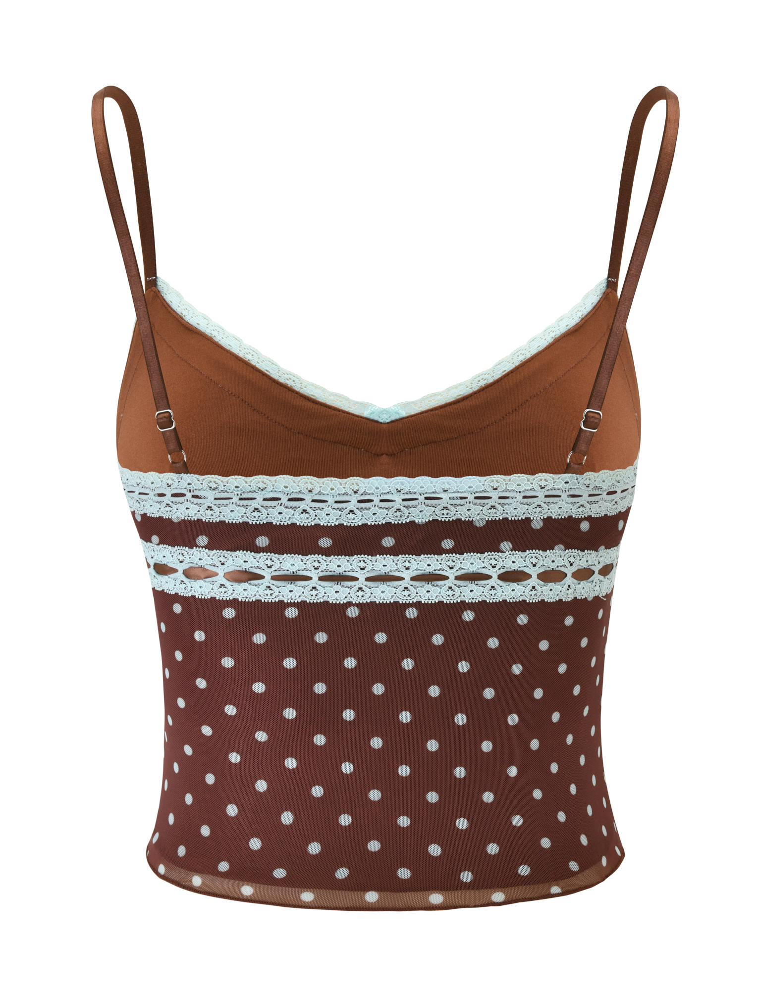 The AMARA TOP - POLKA DOT by TIGERMIST is a brown spaghetti strap mesh cami with playful white polka dots and delicate lace trim, creating a charming and fitted sleeveless look.