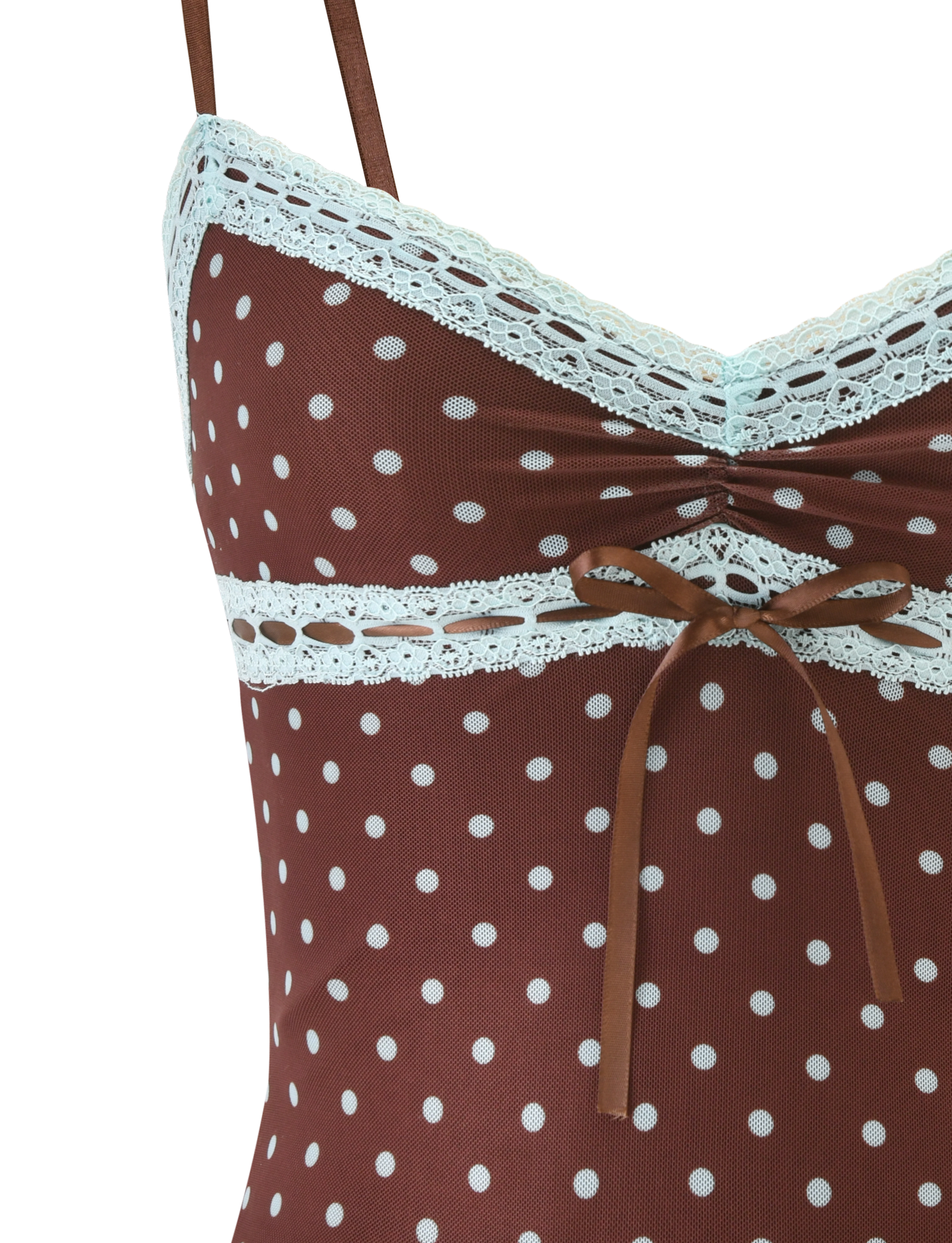 Close-up of the TIGERMIST AMARA TOP - POLKA DOT: a brown mesh cami with white polka dots, delicate lace trim at the neckline and underbust, plus a small brown ribbon bow below the bust.
