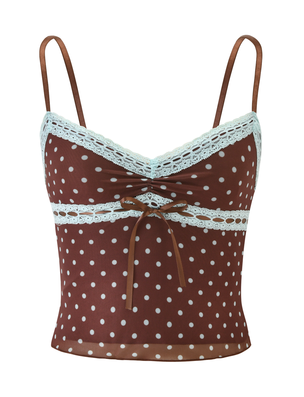 The TIGERMIST AMARA TOP - POLKA DOT is a brown, sleeveless mesh cami featuring polka dots, thin straps, white lace trim along the neckline and underbust, and a small bow at the center front.