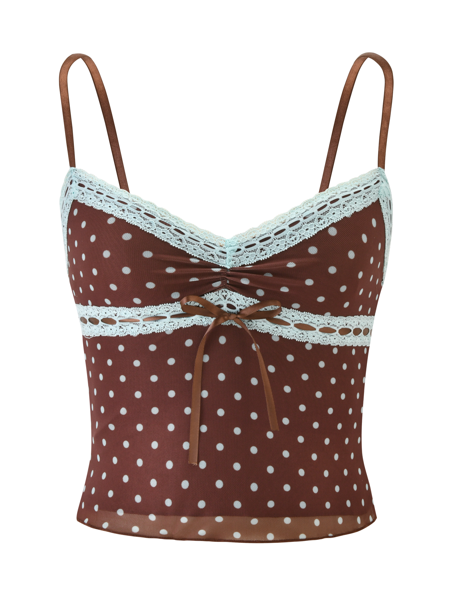 The TIGERMIST AMARA TOP - POLKA DOT is a brown, sleeveless mesh cami featuring polka dots, thin straps, white lace trim along the neckline and underbust, and a small bow at the center front.