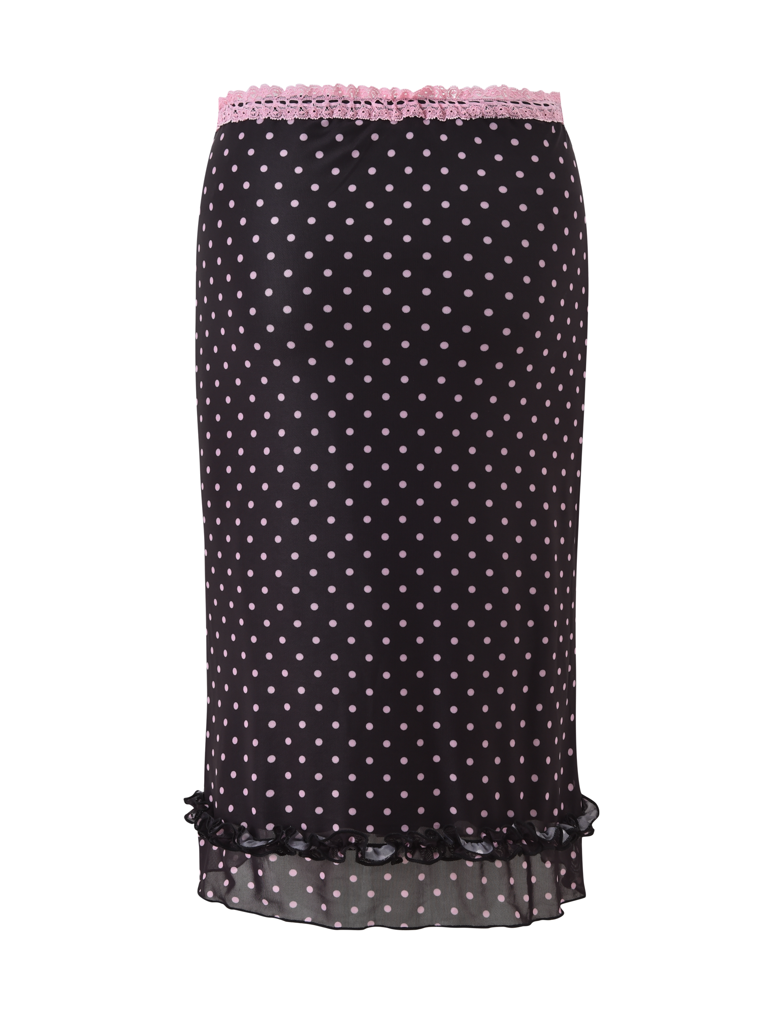 The AMARA MIDI SKIRT - BLACK by TIGERMIST is knee-length with light pink polka dots, featuring a pink lace-trimmed waist and a ruffled sheer hem for a playful look.