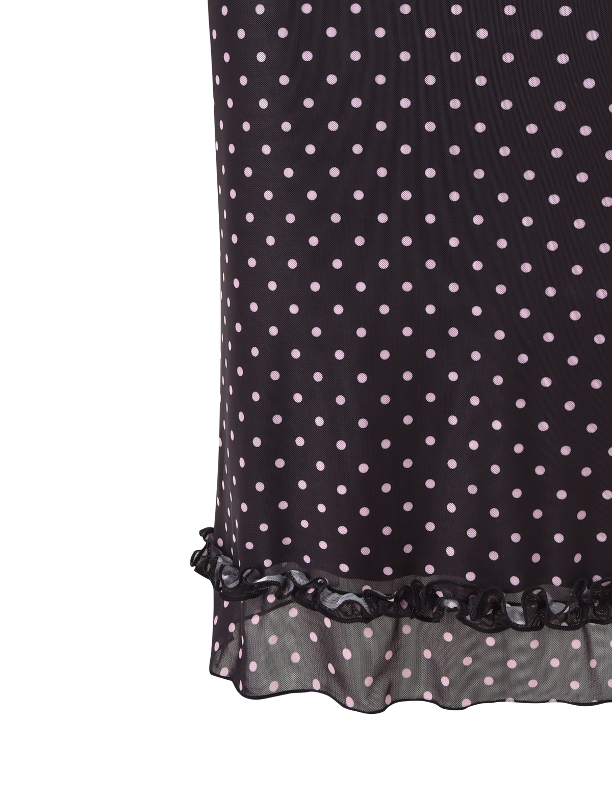 A close-up of the TIGERMIST AMARA MIDI SKIRT in black, featuring light pink polka dots and a sheer ruffle trim along the hem.