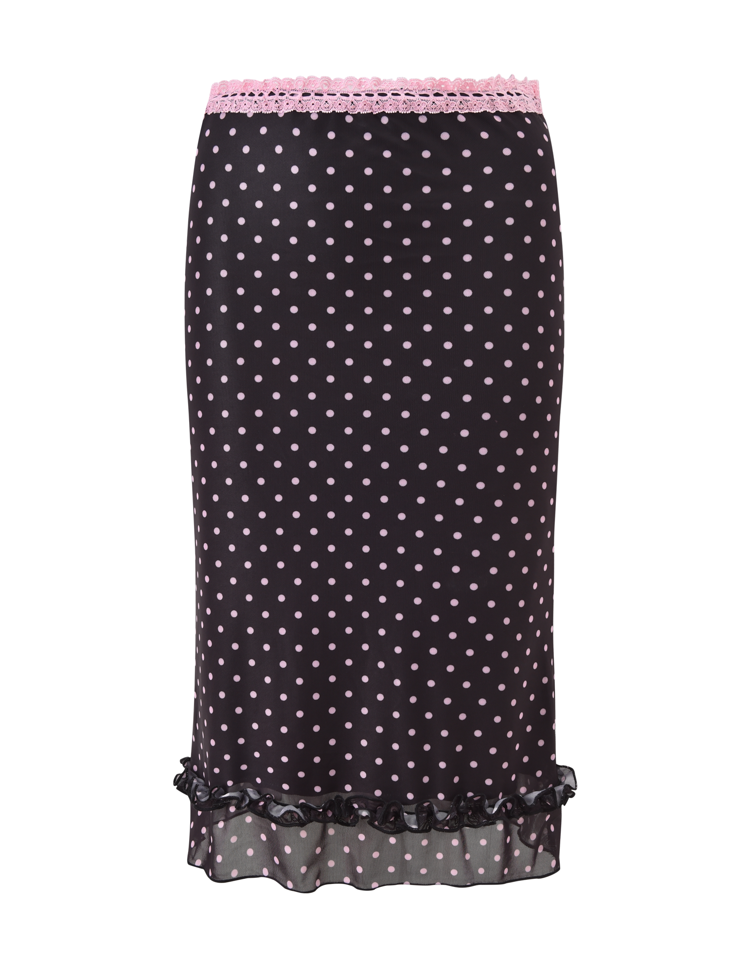 The AMARA MIDI SKIRT - BLACK by TIGERMIST features light pink polka dots, a pink lace-trimmed waistband, and a ruffled hem for extra charm.