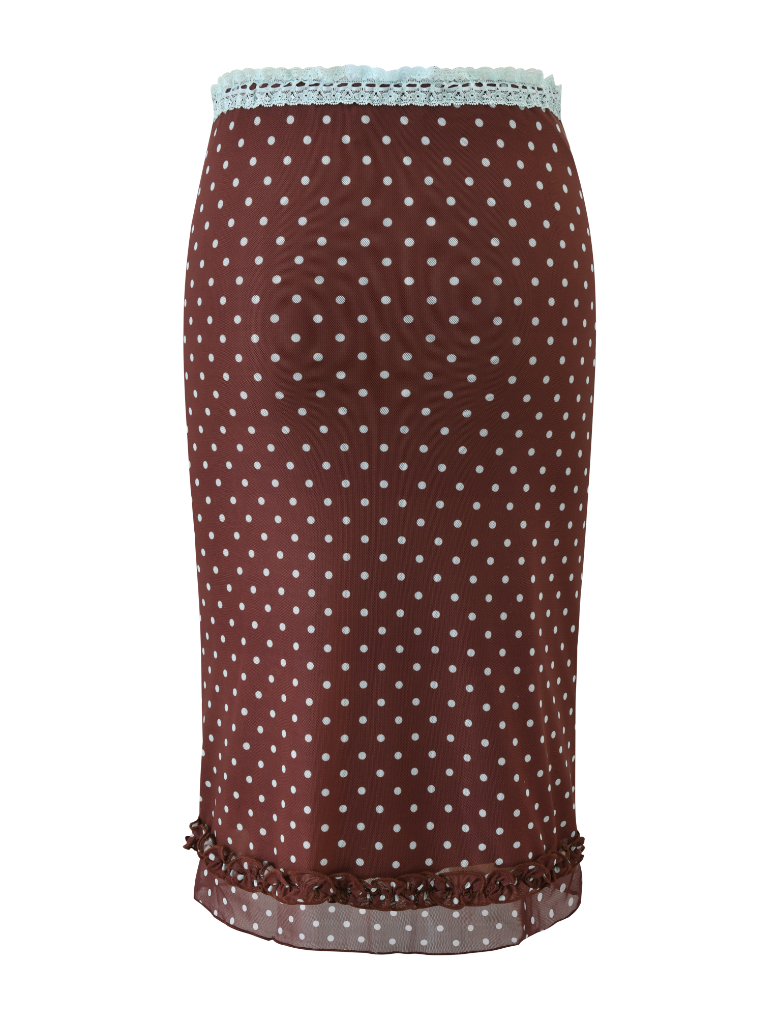 The AMARA MIDI SKIRT - POLKA DOT by TIGERMIST features a brown polka dot print, light blue lace waistband, sheer printed mesh midi ruffle, and small bows at the hem.