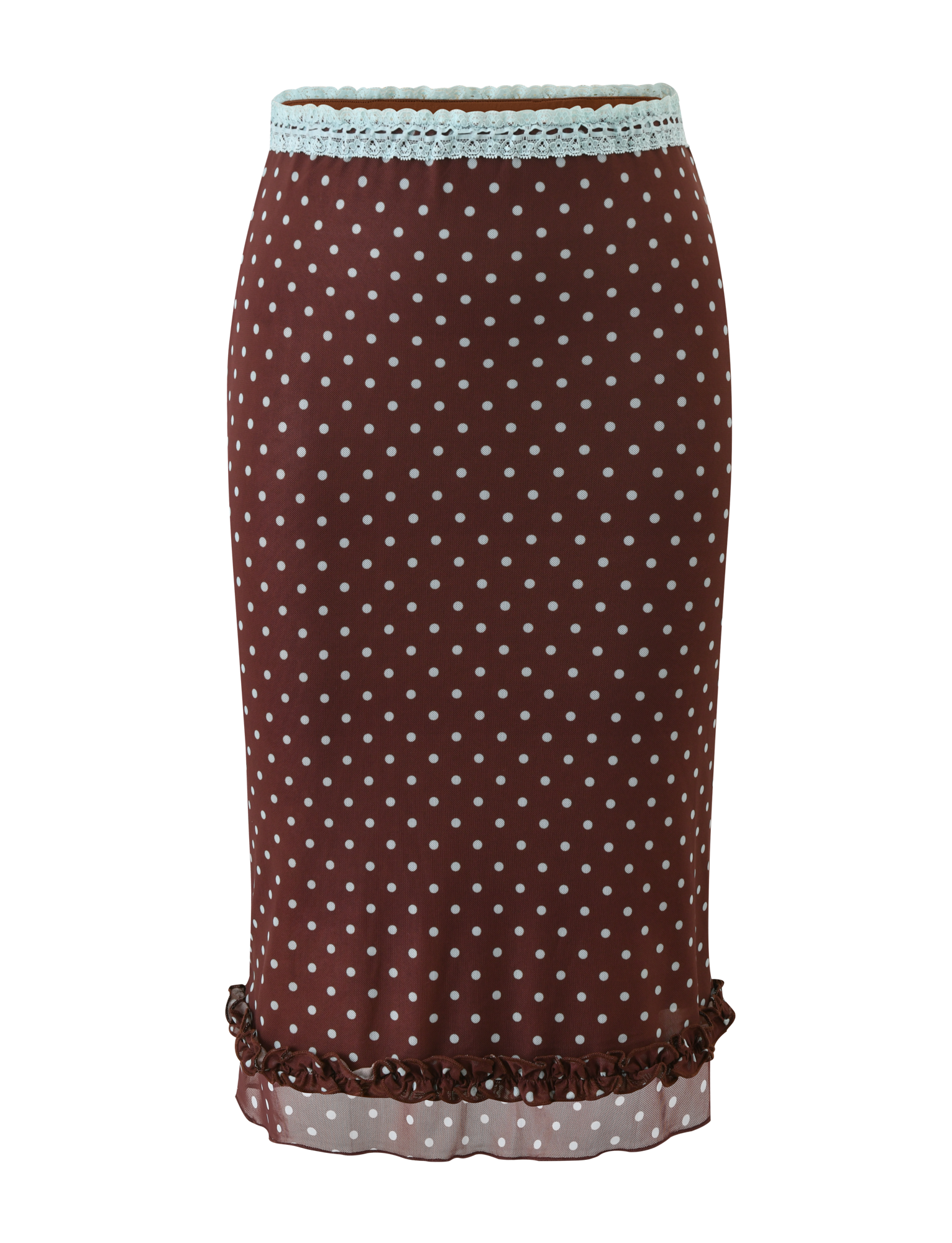 The TIGERMIST AMARA MIDI SKIRT - POLKA DOT features a brown base with white polka dots, light blue lace waist trim, and a ruffled hem, shown on a plain white background.