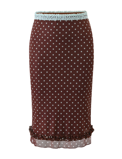 The TIGERMIST AMARA MIDI SKIRT - POLKA DOT features a brown base with white polka dots, light blue lace waist trim, and a ruffled hem, shown on a plain white background.