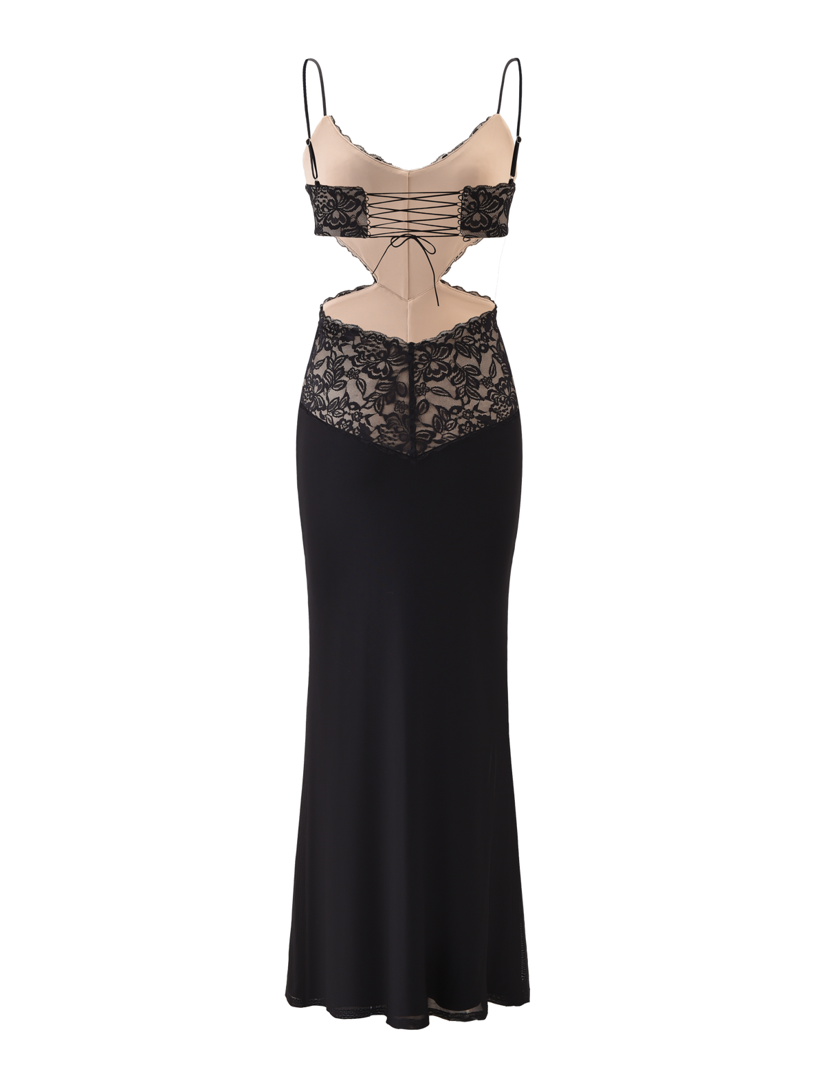 The TIGERMIST WISTERIA MAXI DRESS - BLACK features sheer lace panels, adjustable straps, midriff cut-outs, a beige underlay, and decorative lace patterns on the bodice and waist.