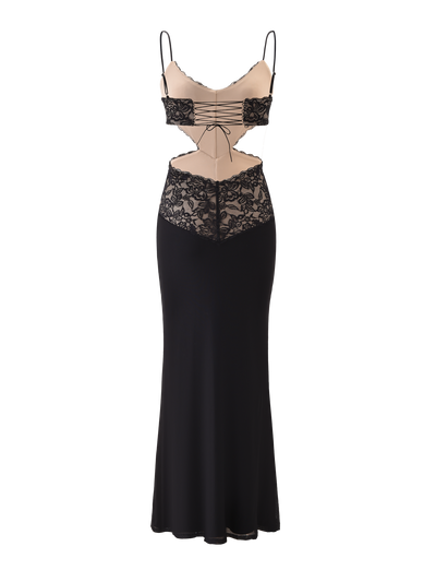 The TIGERMIST WISTERIA MAXI DRESS - BLACK features sheer lace panels, adjustable straps, midriff cut-outs, a beige underlay, and decorative lace patterns on the bodice and waist.