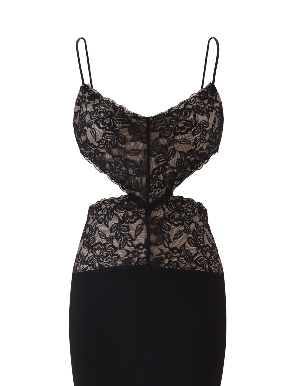 The WISTERIA MAXI DRESS - BLACK by TIGERMIST features adjustable shoulder straps, a sheer floral lace bodice, cut-out waist sides, and a fitted black skirt.