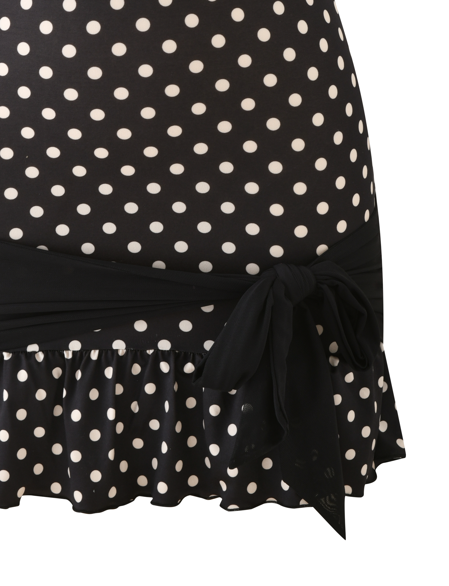 The TIGERMIST TOVE MINI DRESS - BLACK POLKA DOT is a strapless mini dress with a ruffle hem and a black fabric sash tied at the waist.