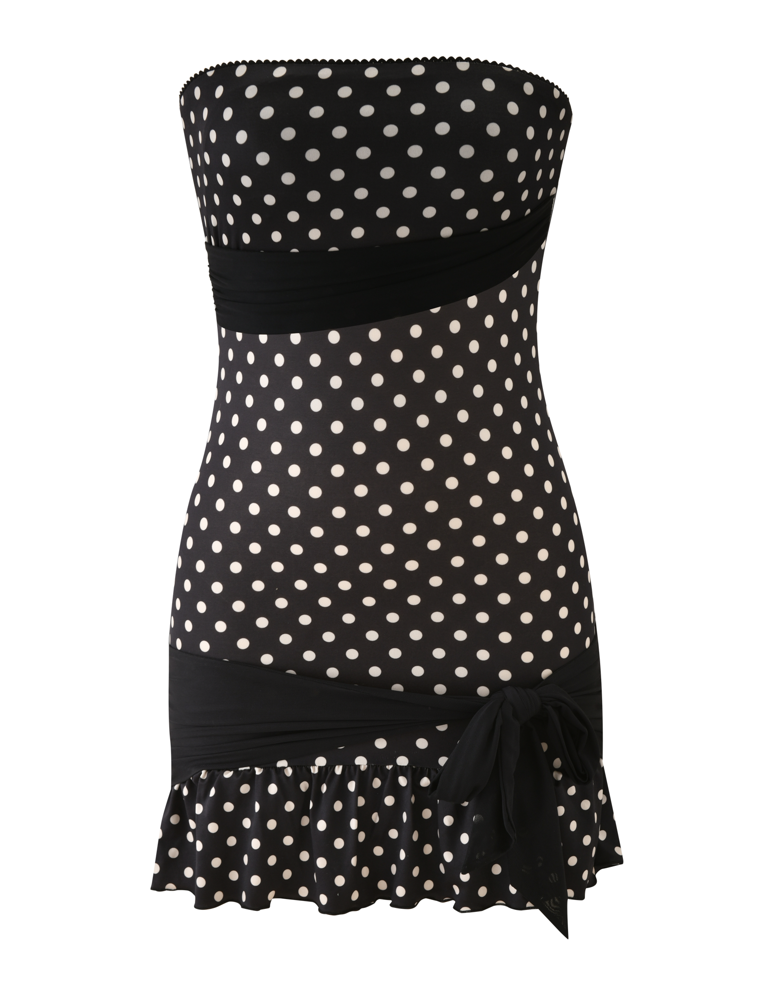 The TIGERMIST TOVE MINI DRESS in black polka dot features a strapless, bodycon fit with a fitted waist, wide sash and side bow, and is finished with a playful ruffle hem.