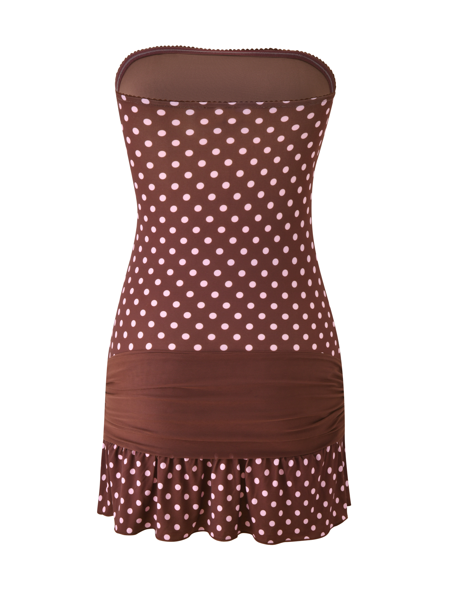 The TOVE MINI DRESS by TIGERMIST features a chocolate polka dot design with light pink spots, a fitted bodice, ruched waistband, sweetheart neckline, and playful ruffle hem for a charming, flirty look.