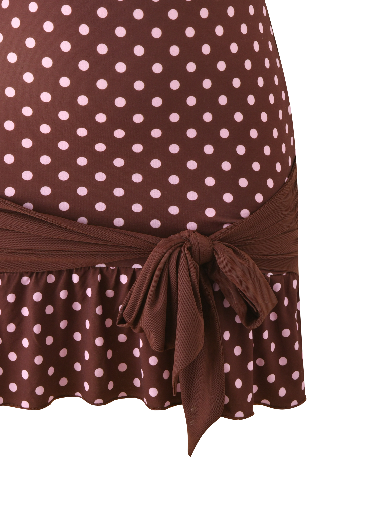 A close-up of the TIGERMIST TOVE MINI DRESS in Chocolate Polka Dot, a strapless mini with light pink dots, sweetheart neckline, brown waist sash tied in a bow, and a charming ruffle hem.