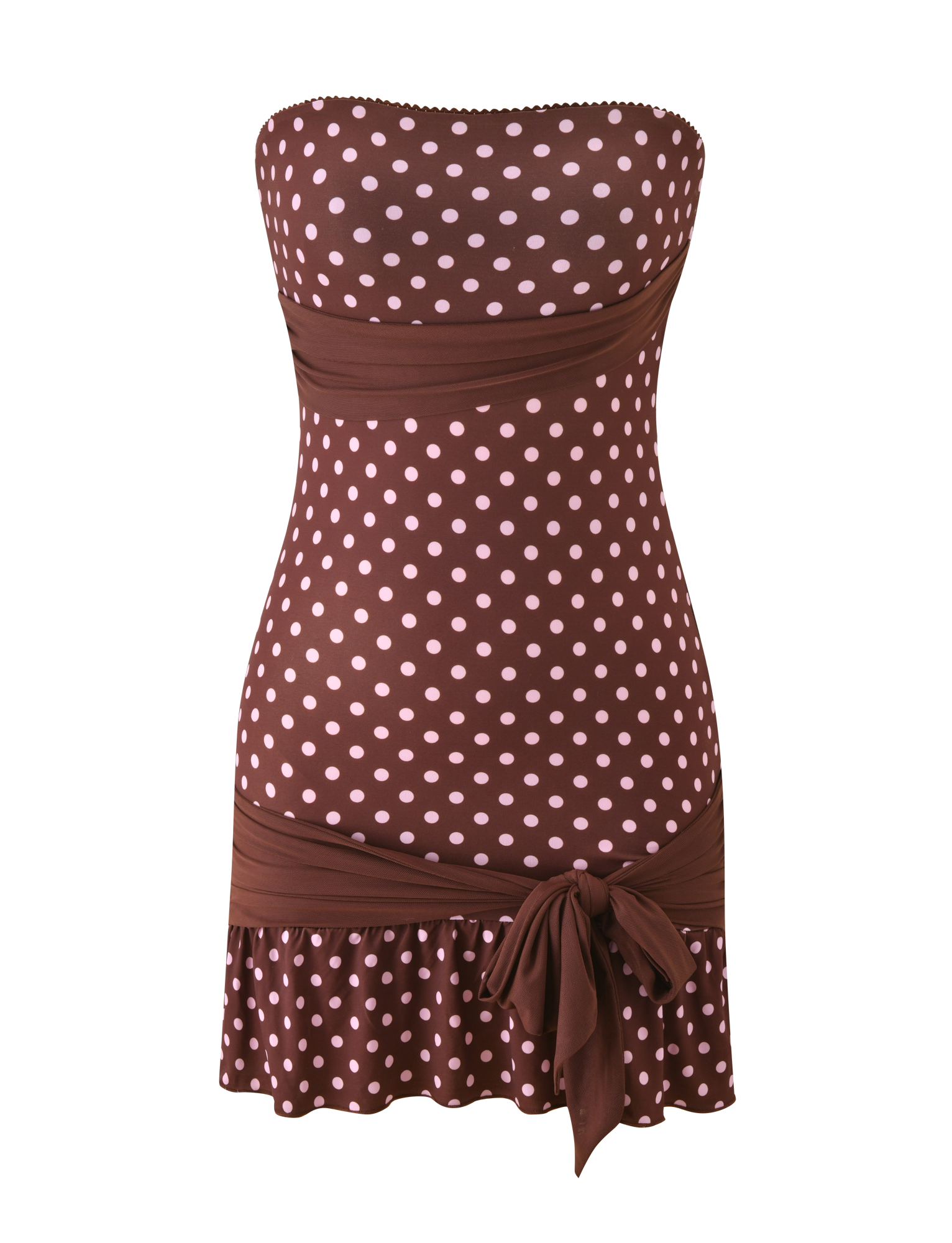 The TIGERMIST TOVE MINI DRESS in Chocolate Polka Dot features a strapless design, sweetheart neckline, fitted waist, hip sash, and playful ruffle hem.