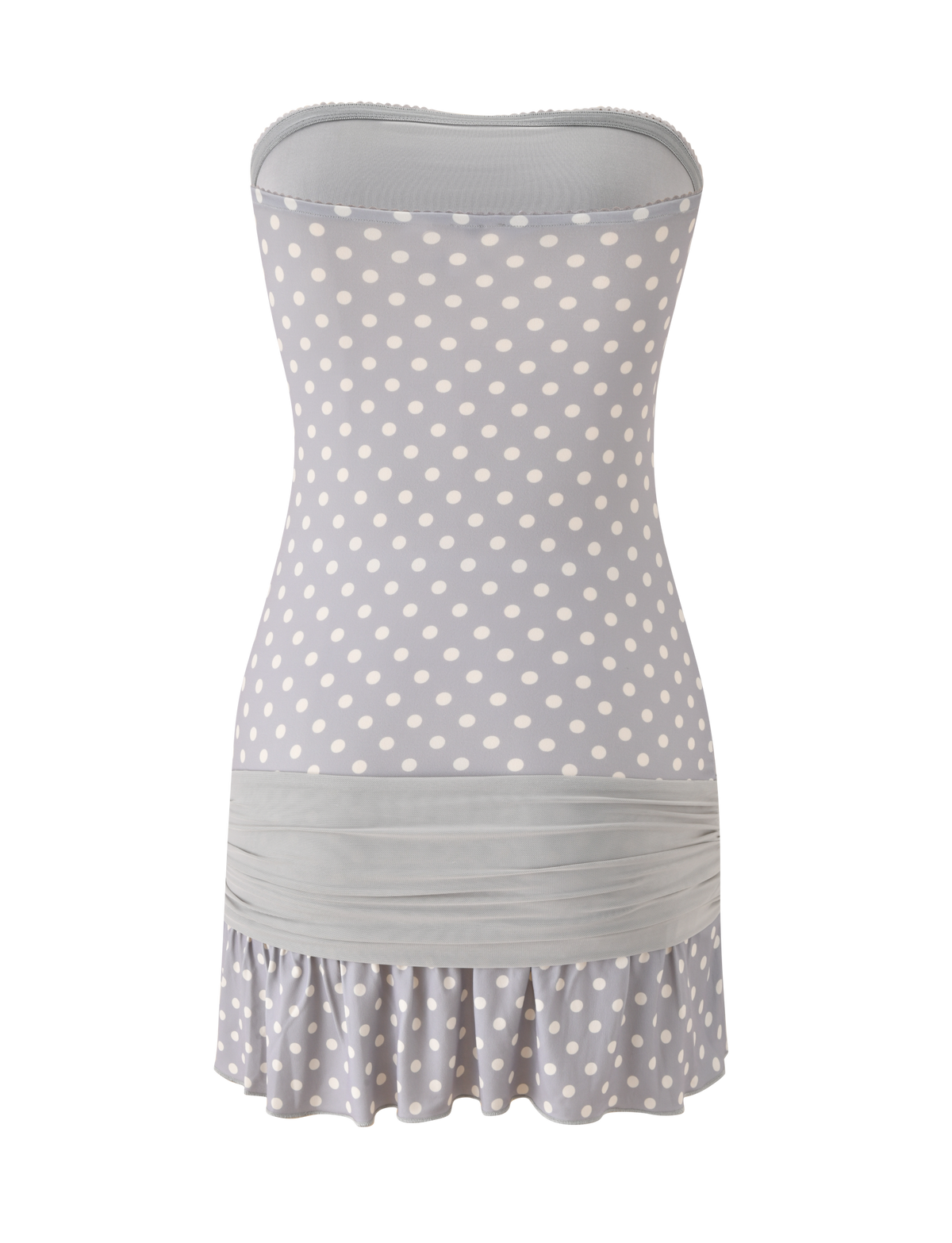 The TOVE MINI DRESS by TIGERMIST features a strapless design in dove grey with cream polka dots, a wide hip band, sweetheart neckline, and a playful ruffle hem for a flirty mini look.