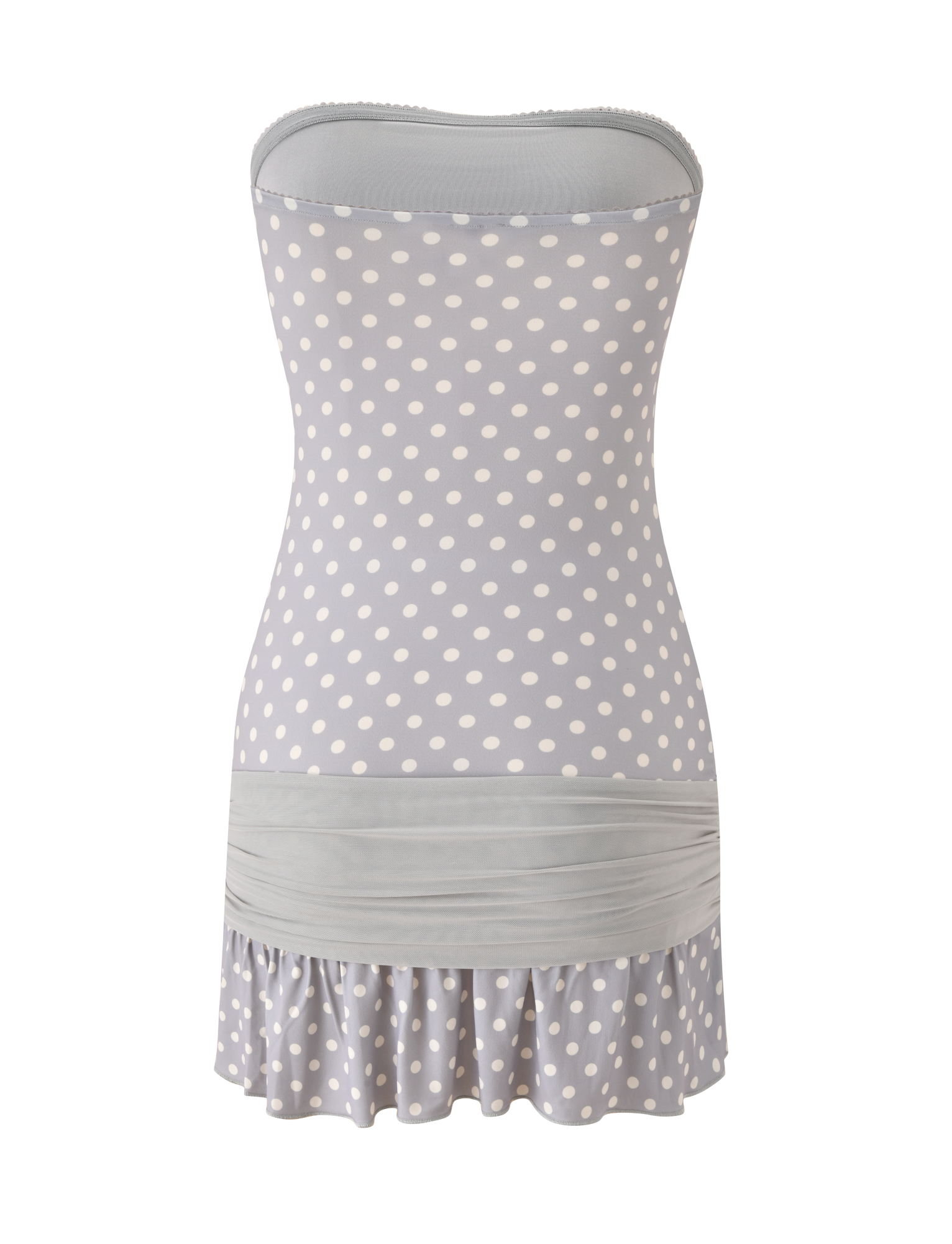 The TOVE MINI DRESS by TIGERMIST features a strapless design in dove grey with cream polka dots, a wide hip band, sweetheart neckline, and a playful ruffle hem for a flirty mini look.