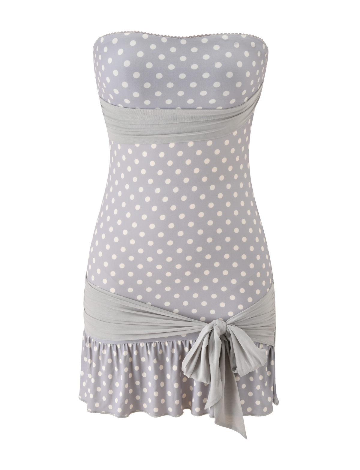 The TOVE MINI DRESS by TIGERMIST features dove grey and cream dots, a strapless fitted bodice, sweetheart neckline, horizontal waistband, ruffle hem, and side bow—offering a playful, retro-inspired look.