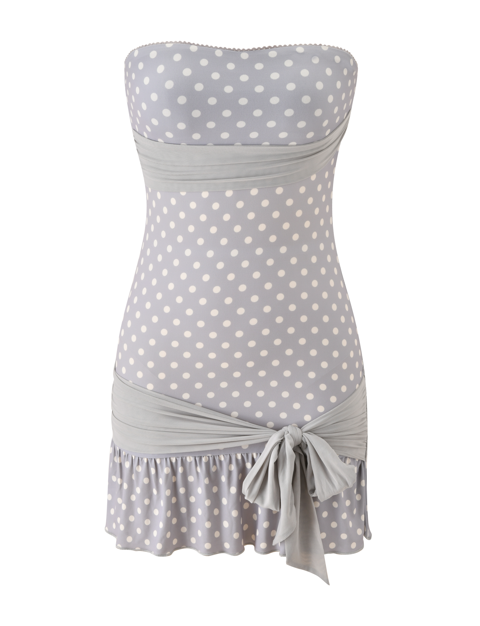 The TOVE MINI DRESS by TIGERMIST features dove grey and cream dots, a strapless fitted bodice, sweetheart neckline, horizontal waistband, ruffle hem, and side bow—offering a playful, retro-inspired look.