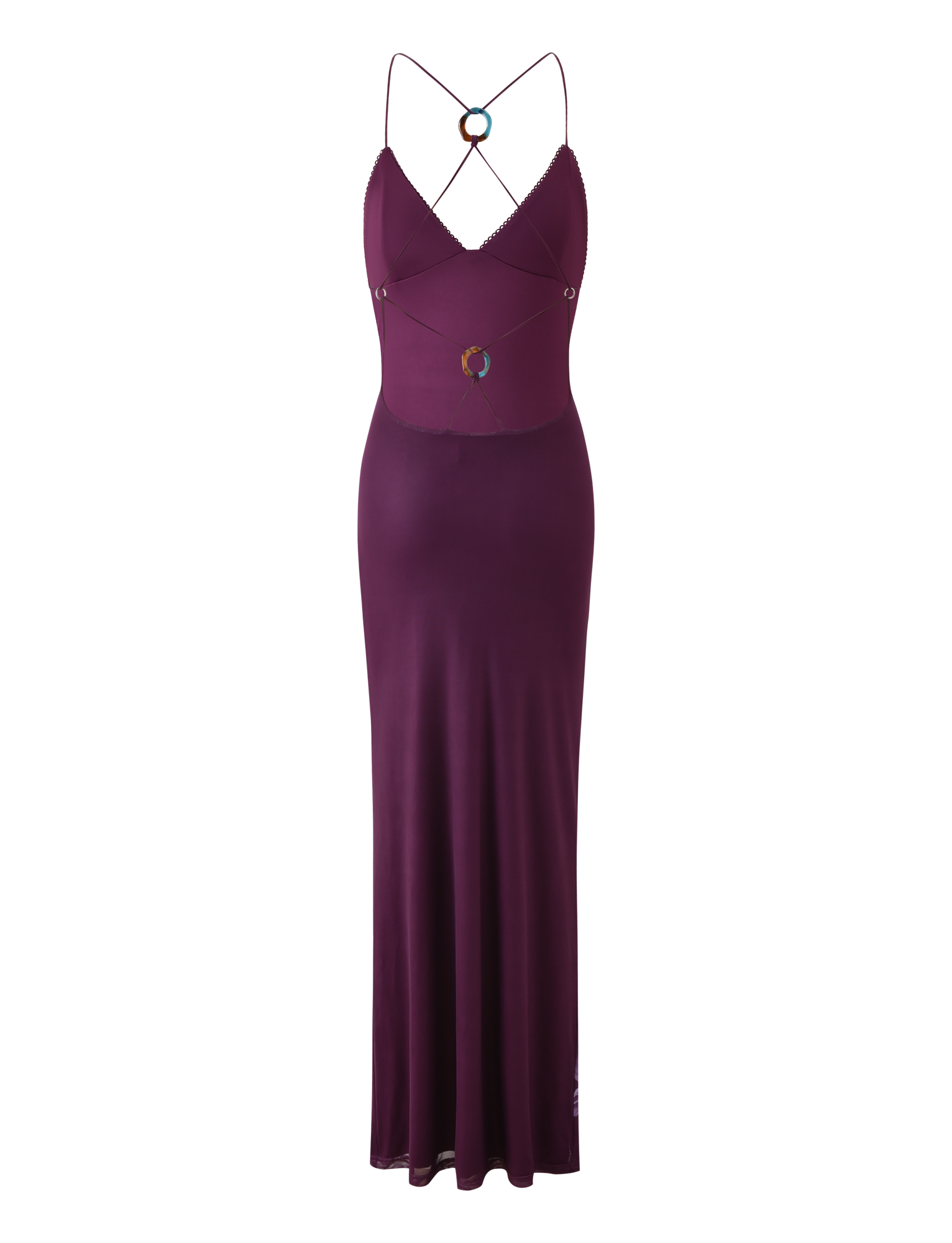 The TIGERMIST ORIELLE MAXI DRESS in Plum Orchid is a sleeveless, floor-length dress featuring a v-neckline, thin crisscross straps, and circular chest and waist cut-outs accented with metallic rings.