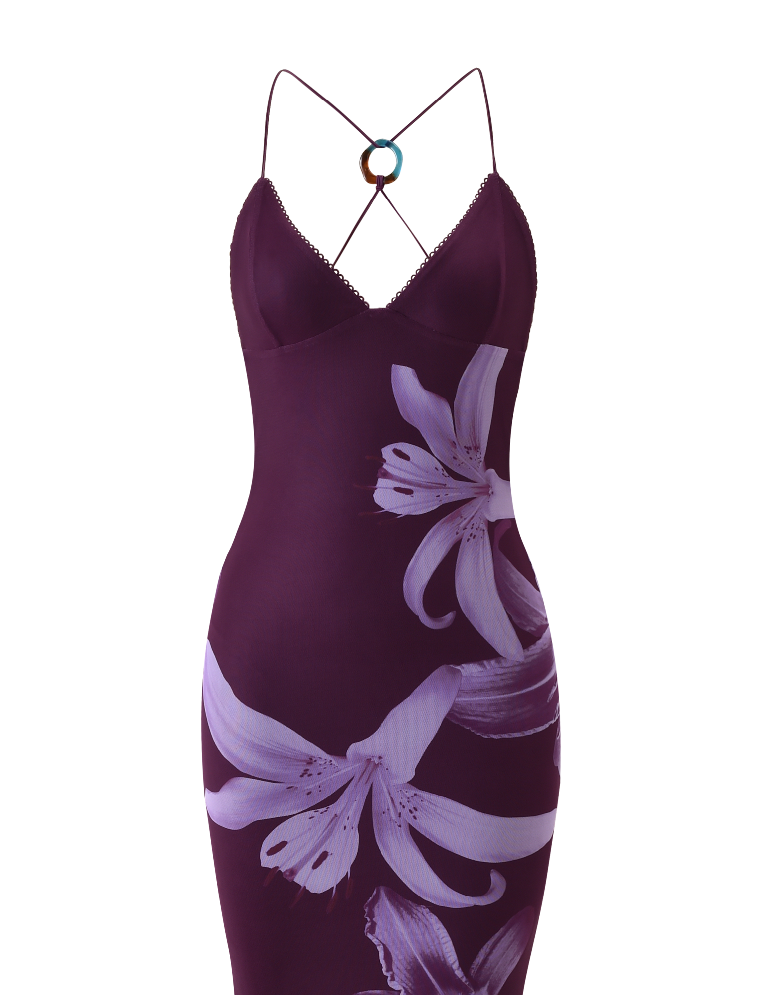 The TIGERMIST ORIELLE MAXI DRESS - PLUM ORCHID is a sleeveless, fitted maxi dress featuring thin spaghetti straps, a gold ring at the chest, and large orchid prints on the front.