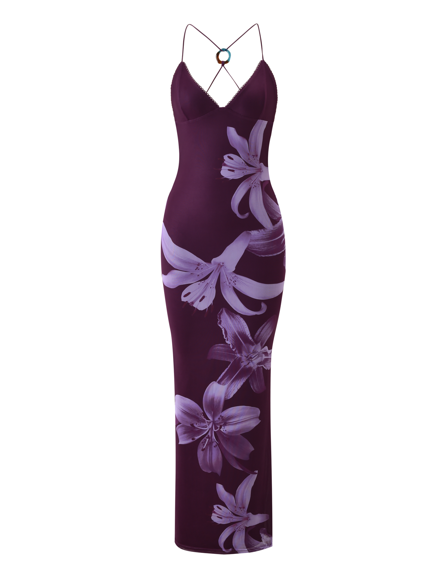 The TIGERMIST ORIELLE MAXI DRESS - PLUM ORCHID is a sleeveless, form-fitting plum maxi dress with thin spaghetti straps, large light purple floral prints, a plunging neckline, and an open strappy crisscross back.