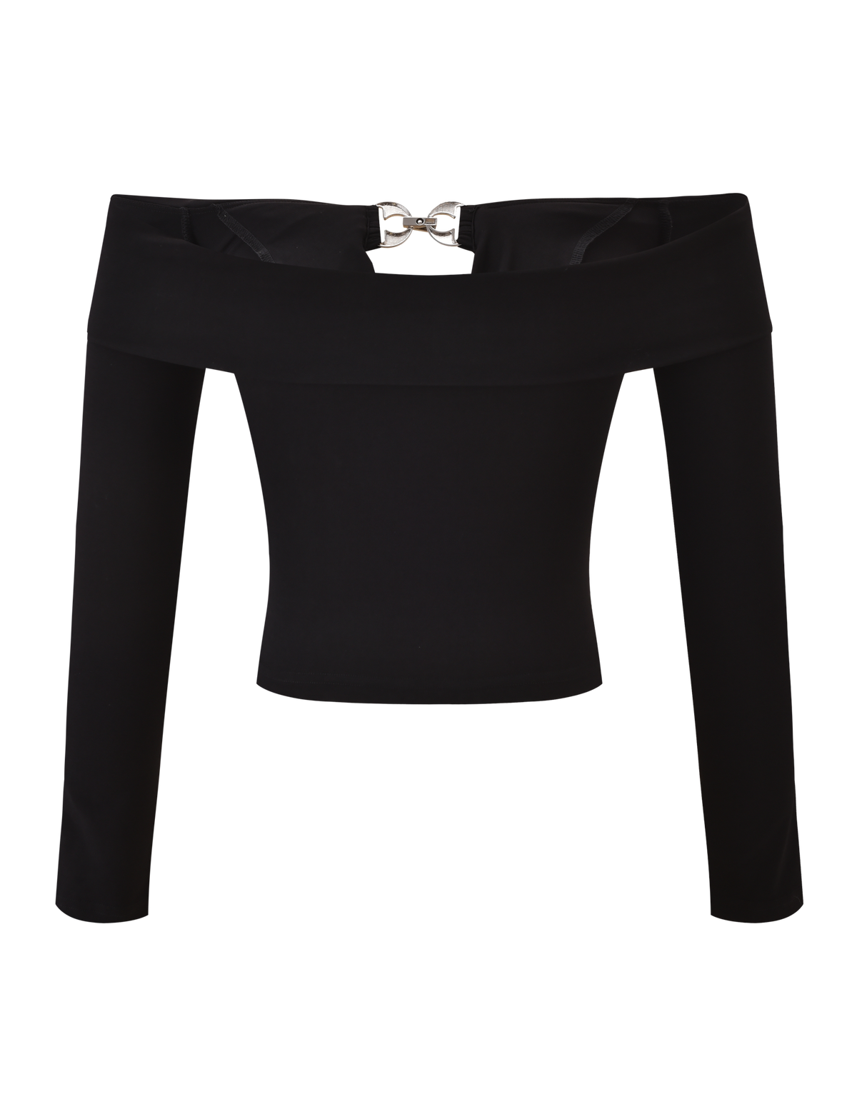 The TIGERMIST JENESIS LONG SLEEVE TOP - BLACK is an off-the-shoulder top with a fitted silhouette, cowl cut out detail, long sleeves, and a silver clasp at the back neckline.
