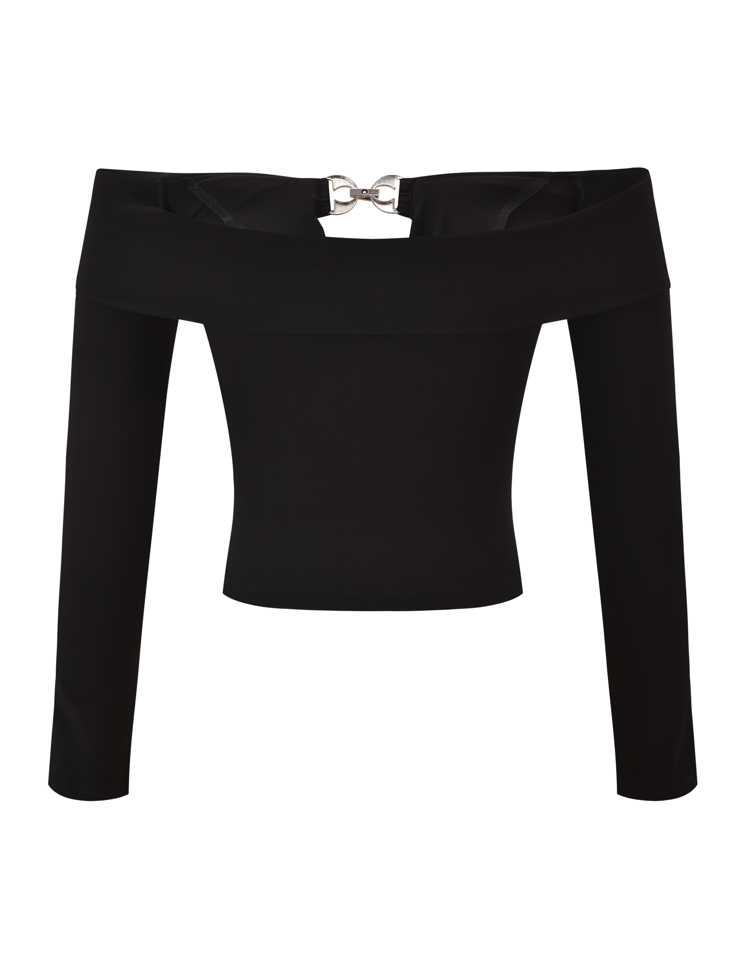 The TIGERMIST JENESIS LONG SLEEVE TOP - BLACK is an off-the-shoulder top with a fitted silhouette, cowl cut out detail, long sleeves, and a silver clasp at the back neckline.