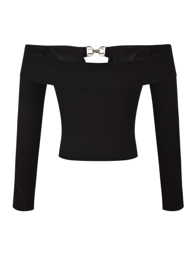 The TIGERMIST JENESIS LONG SLEEVE TOP - BLACK is an off-the-shoulder top with a fitted silhouette, cowl cut out detail, long sleeves, and a silver clasp at the back neckline.