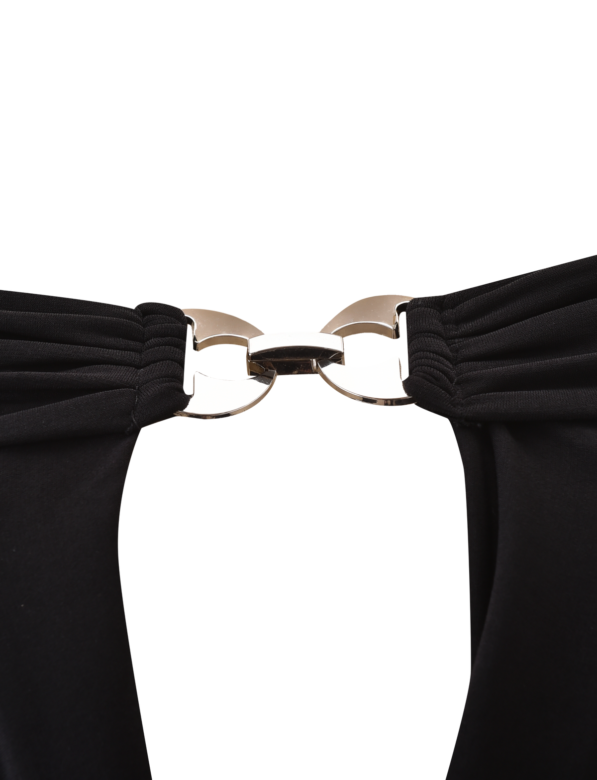 Close-up of a metallic clasp joining the straps of the TIGERMIST JENESIS LONG SLEEVE TOP in black, set against a plain white background.