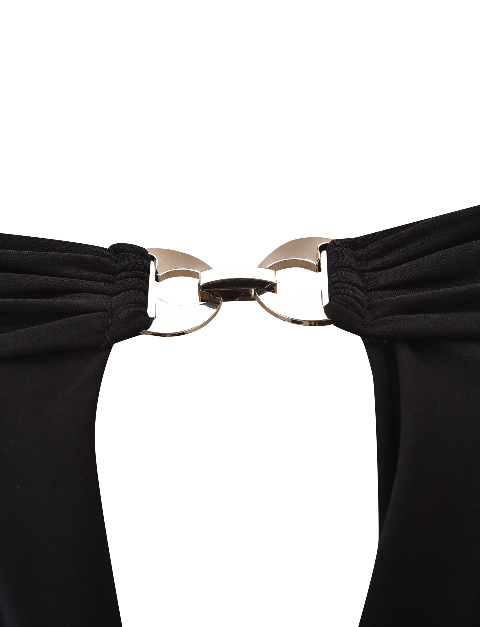 Close-up of a metallic clasp joining the straps of the TIGERMIST JENESIS LONG SLEEVE TOP in black, set against a plain white background.