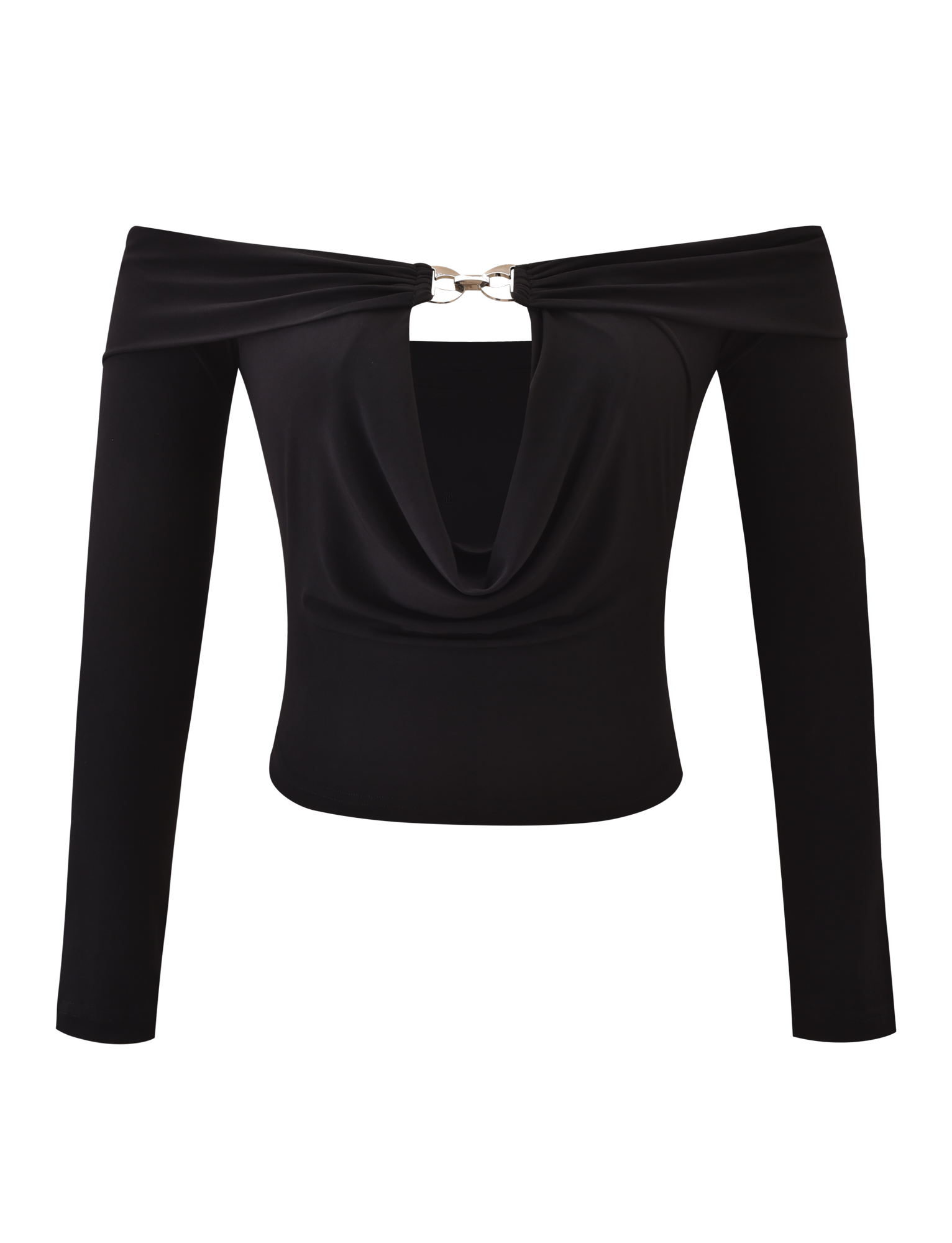 The JENESIS LONG SLEEVE TOP by TIGERMIST is a black off-the-shoulder top featuring a draped cowl cutout front, wide neckline, and an eye-catching silver chest clasp.