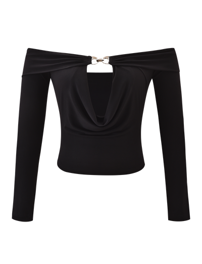The JENESIS LONG SLEEVE TOP by TIGERMIST is a black off-the-shoulder top featuring a draped cowl cutout front, wide neckline, and an eye-catching silver chest clasp.