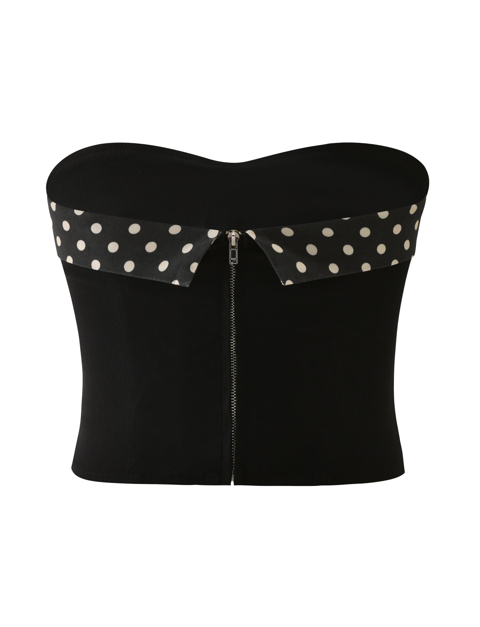 The TIGERMIST KITTIE 2.0 BUSTIER - BLACK features a strapless sweetheart neckline, front zipper, wide fold-over collar, and black-and-white polka dot stretch suiting fabric for both comfort and style.