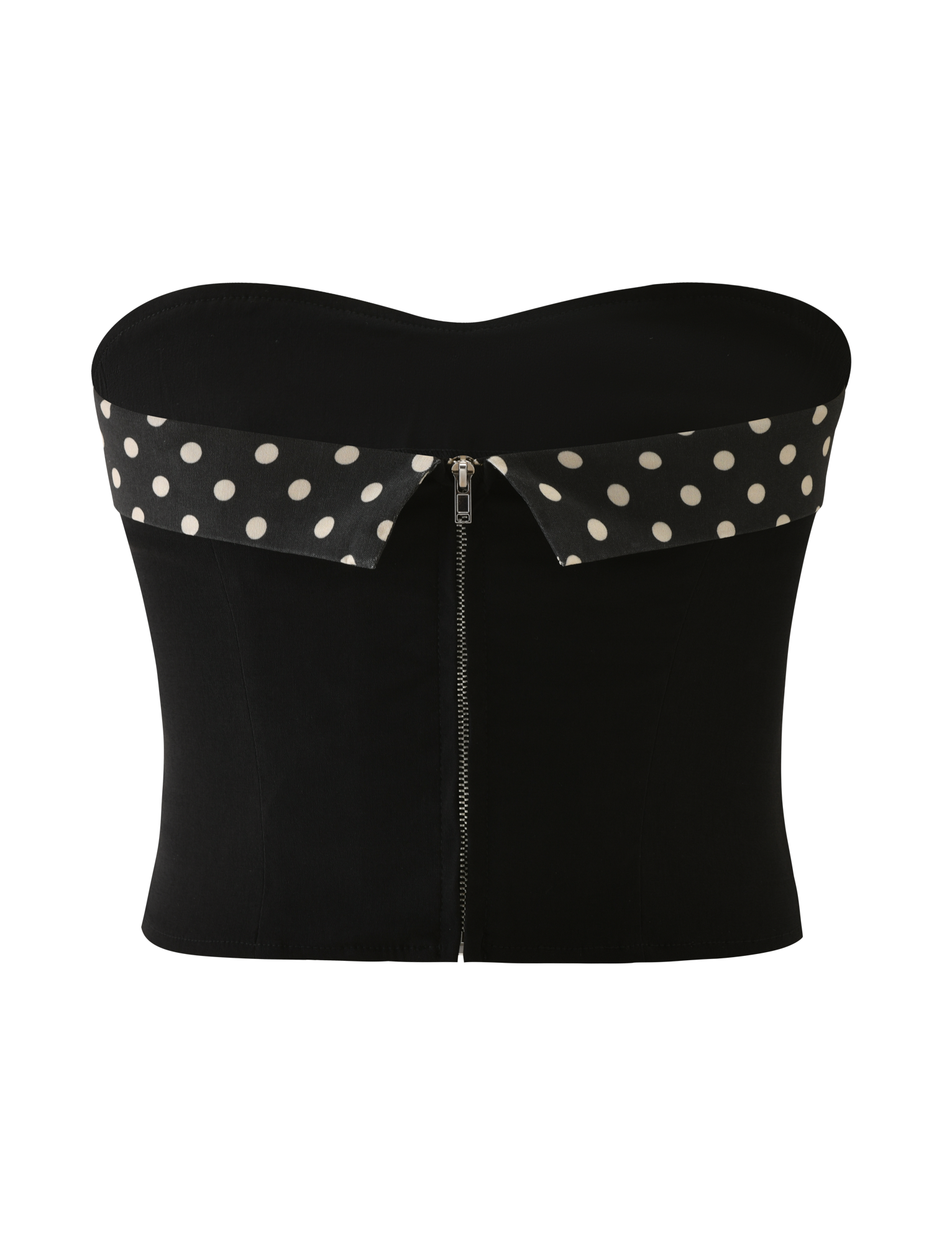 The KITTIE 2.0 BUSTIER by TIGERMIST is a black strapless corset top in suiting fabric, featuring a front zipper and a folded-over collar with a white polka dot pattern.