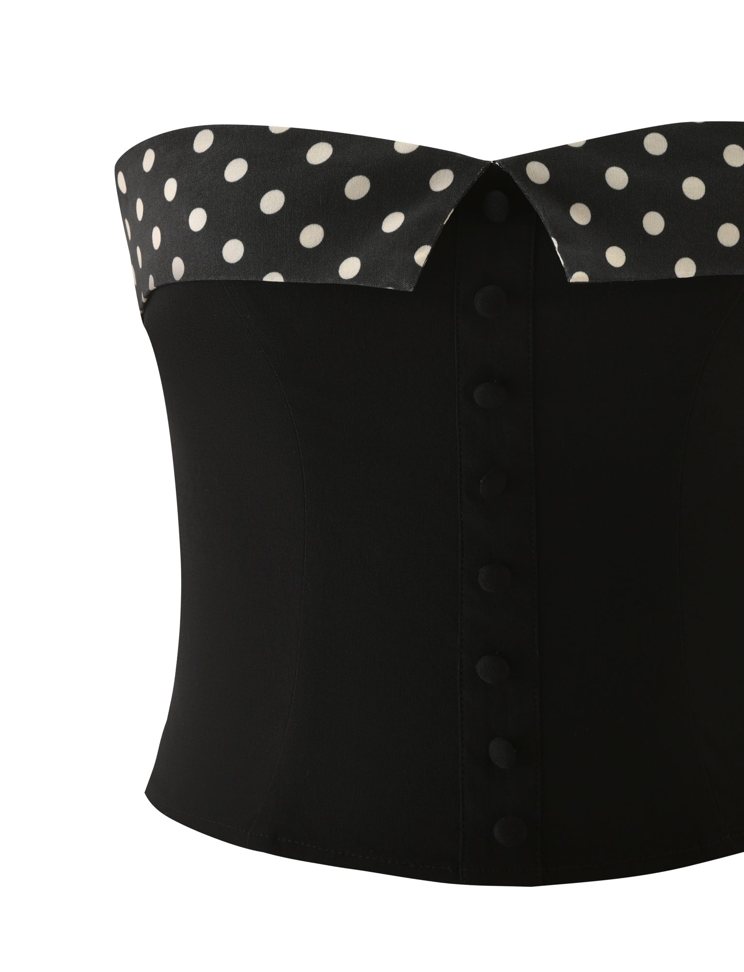 The TIGERMIST KITTIE 2.0 BUSTIER - BLACK features a strapless sweetheart neckline, black and white polka dot collar, matching fabric-covered buttons, and is crafted from sleek stretch suiting fabric for a perfect fit.