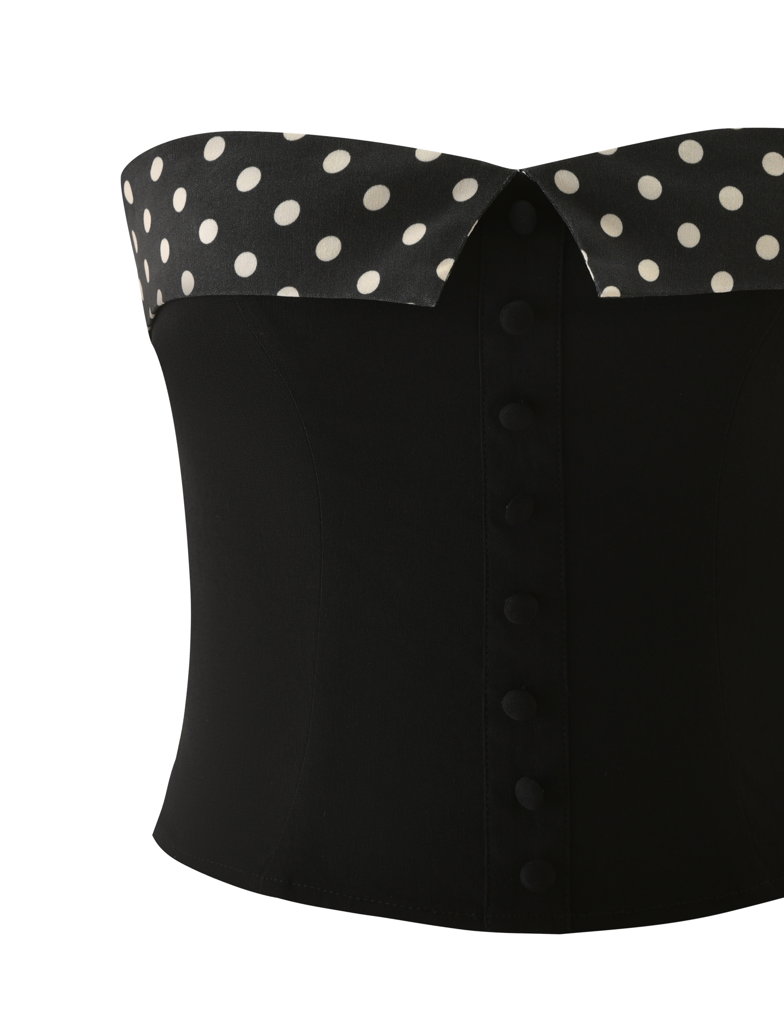 The TIGERMIST KITTIE 2.0 BUSTIER - BLACK is a strapless corset in suiting fabric, featuring fabric-covered front buttons and a stylish black and white polka dot collar detail.
