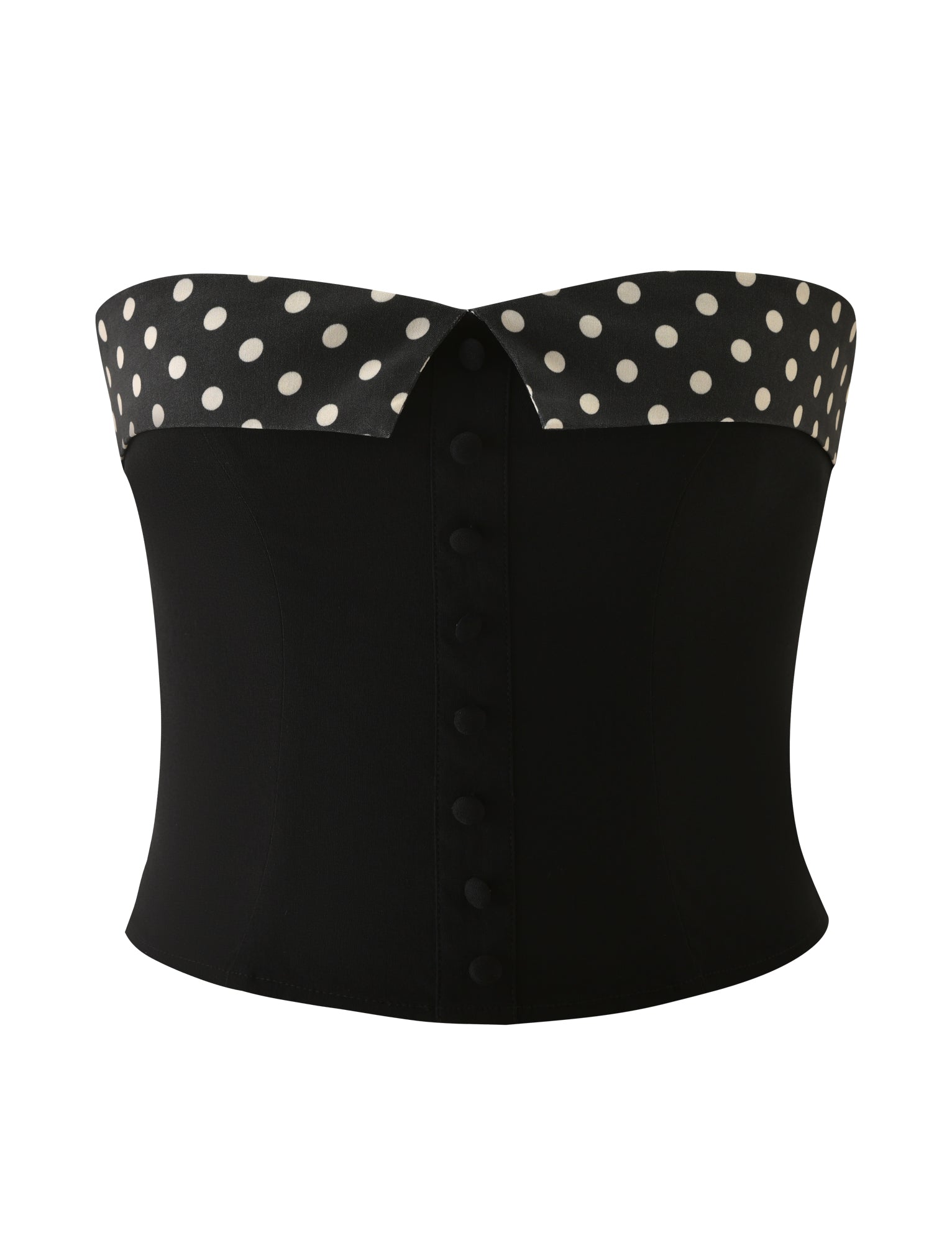 The TIGERMIST KITTIE 2.0 BUSTIER - BLACK is a strapless sweetheart neckline corset top in stretch suiting, featuring black-and-white polka dot trim at the bustier and matching fabric-covered front buttons.